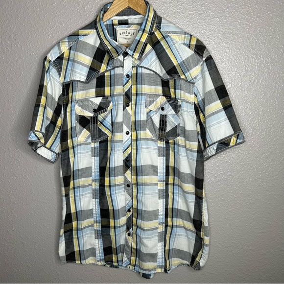 BKE Vintage White Black Plaid Athletic Fit Western Short Sleeve Button Up Shirt - Picture 2 of 7